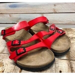 Birkenstock Florida Sandals Red Patent Triple Strap 38 Narrow 7 Womens